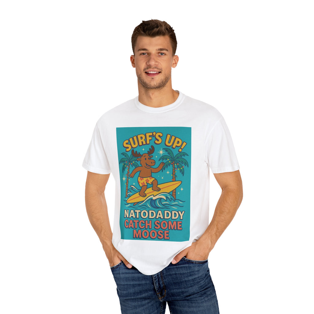 Surf's Up! Moose Surfing T-shirt - Fun Unisex Tee for Dads, Great for Summer, Beach Parties, Vacation, Father's Day, Casual Wear