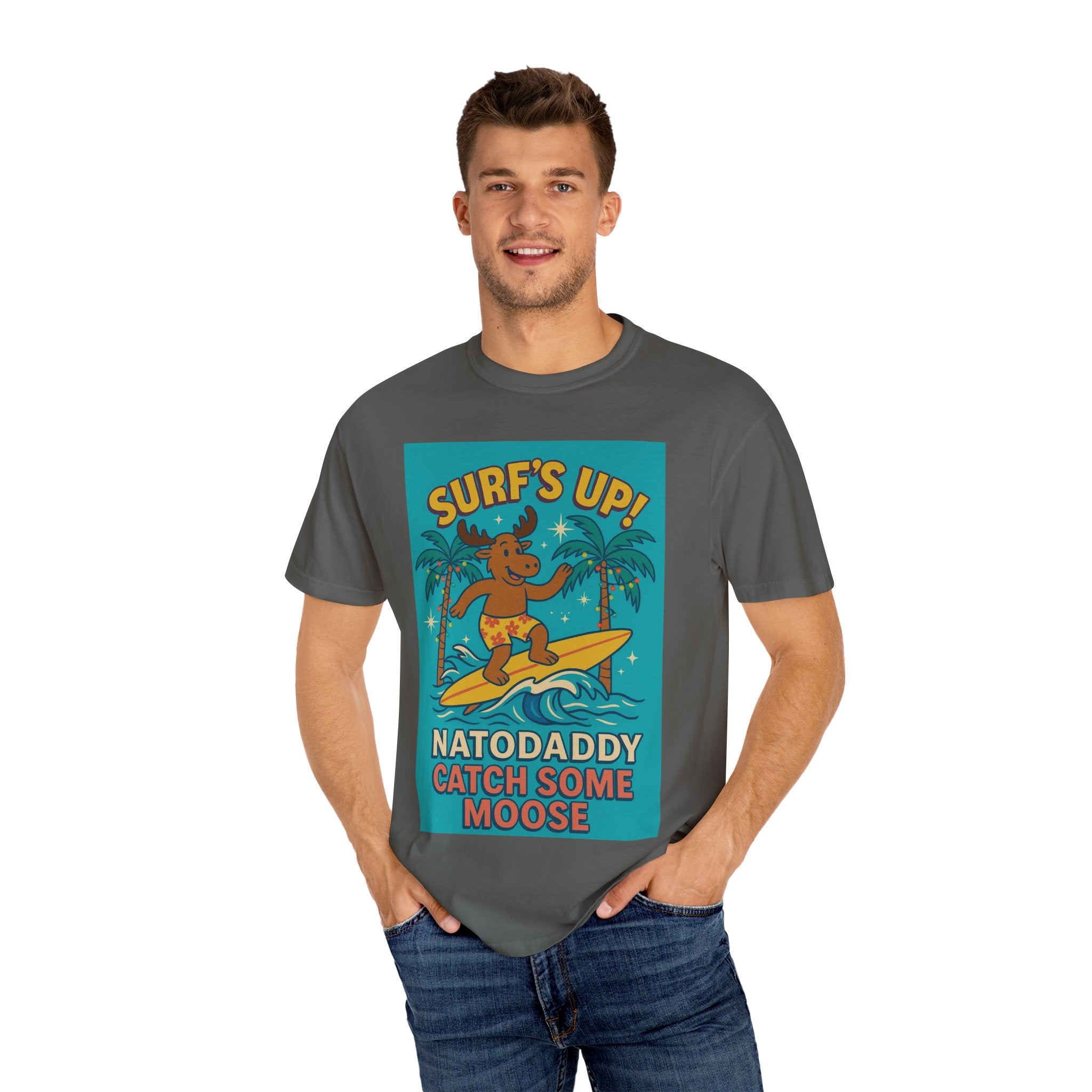 Surf's Up! Moose Surfing T-shirt - Fun Unisex Tee for Dads, Great for Summer, Beach Parties, Vacation, Father's Day, Casual Wear