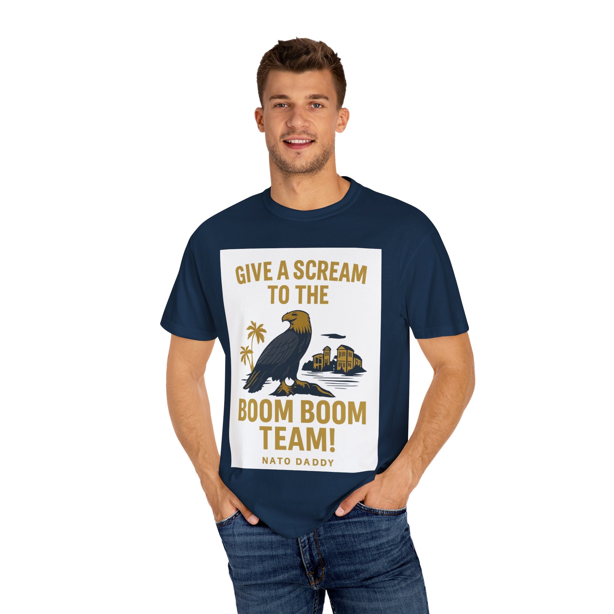 Give a Scream to the Boom Boom Team! Unisex Garment-Dyed T-Shirt, Funny Casual Tee, Gift for Dads, Beachwear, Team Spirit Apparel