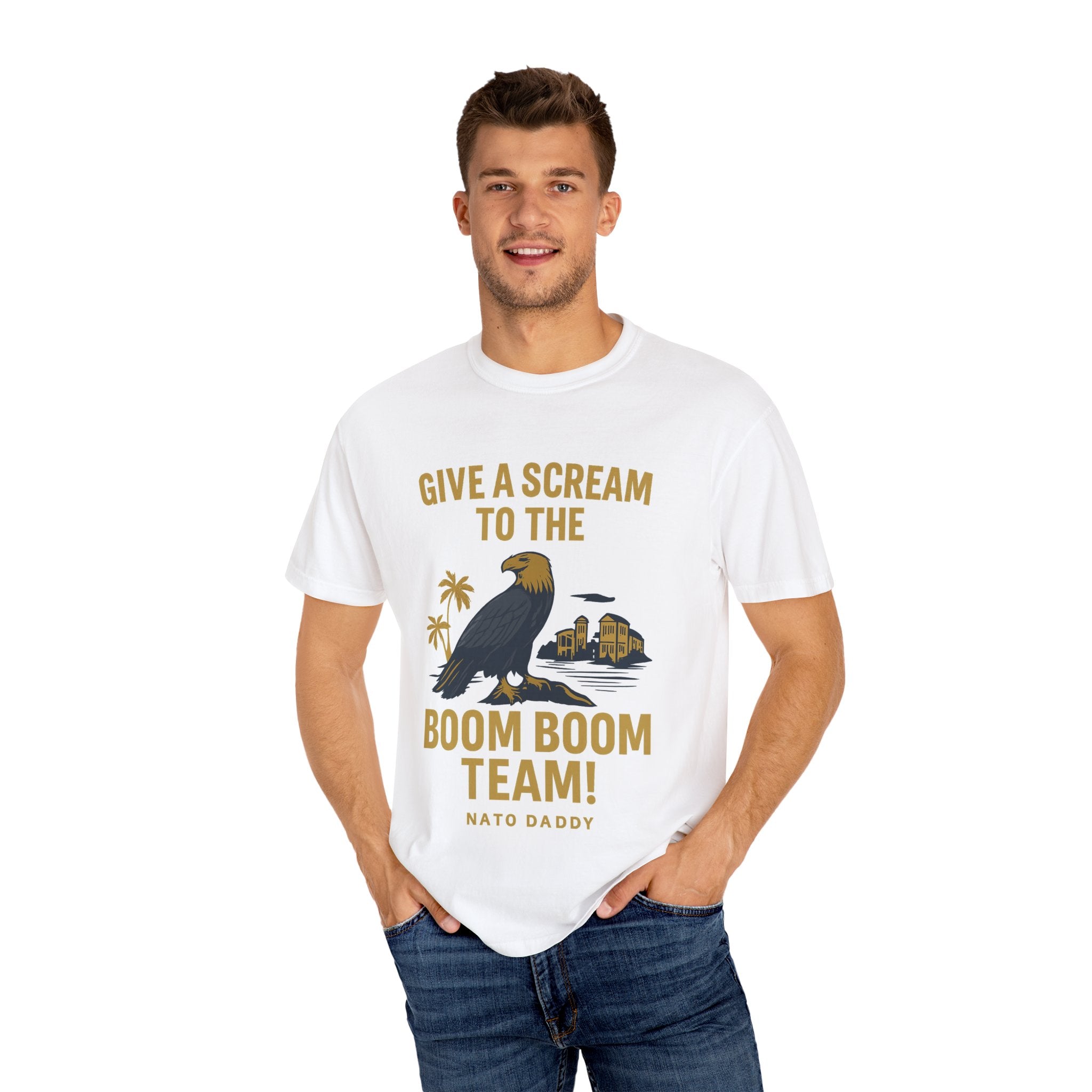 Give a Scream to the Boom Boom Team! Unisex Garment-Dyed T-Shirt, Funny Casual Tee, Gift for Dads, Beachwear, Team Spirit Apparel