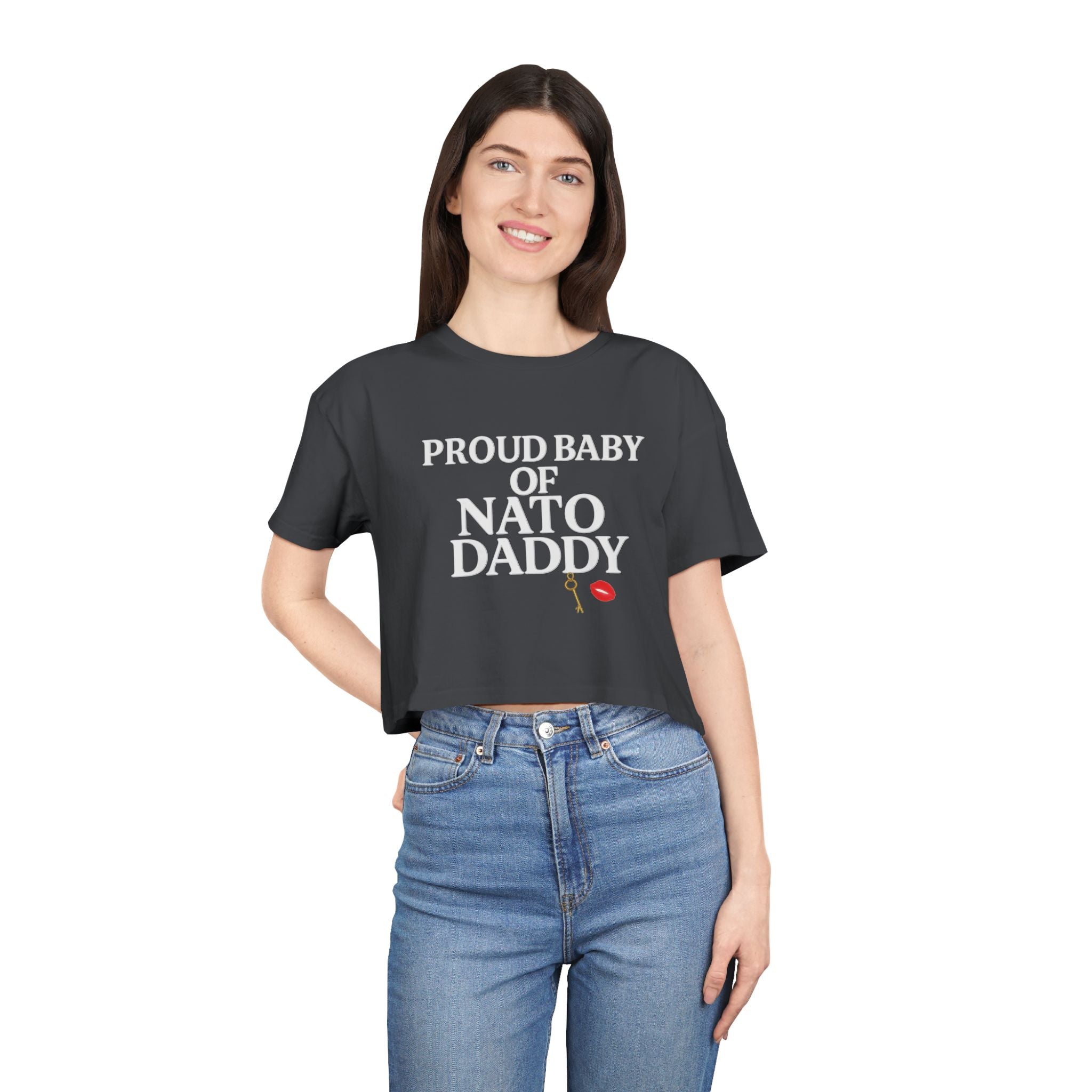 Proud Baby of NATO Daddy Women's Crop Tee, Trendy Graphic Top, Casual Comfort Wear, Cute Gift for Dads