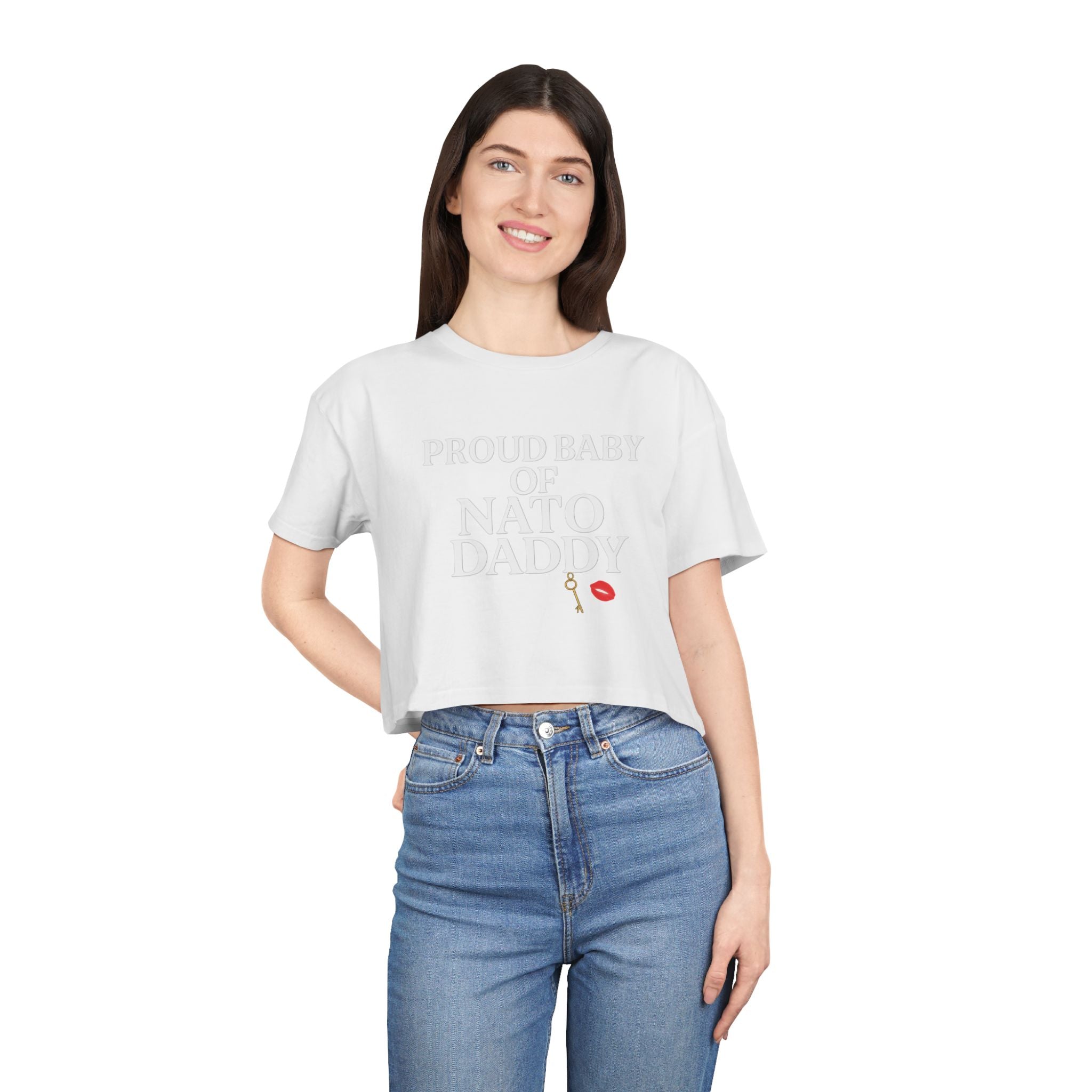 Proud Baby of NATO Daddy Women's Crop Tee, Trendy Graphic Top, Casual Comfort Wear, Cute Gift for Dads