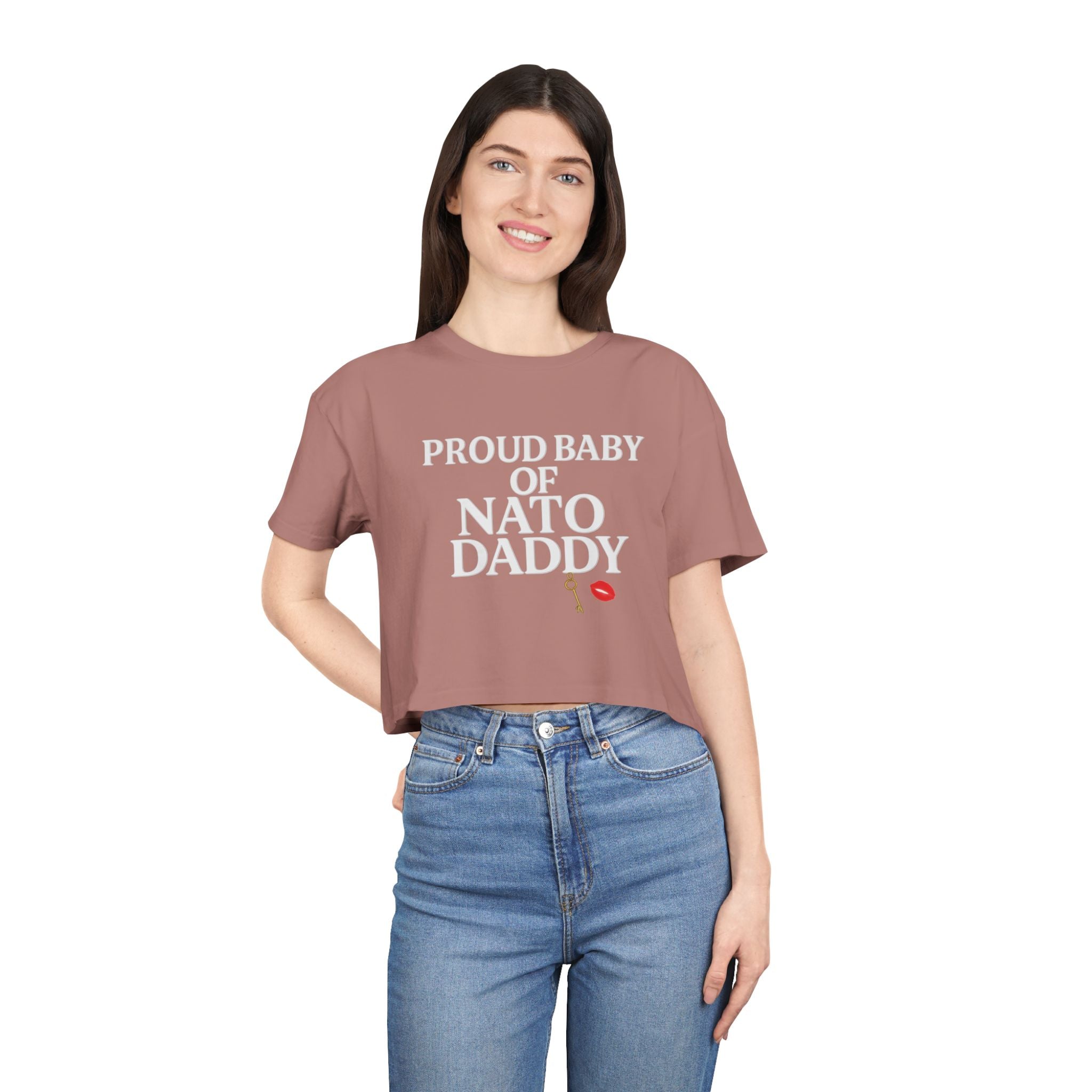 Proud Baby of NATO Daddy Women's Crop Tee, Trendy Graphic Top, Casual Comfort Wear, Cute Gift for Dads