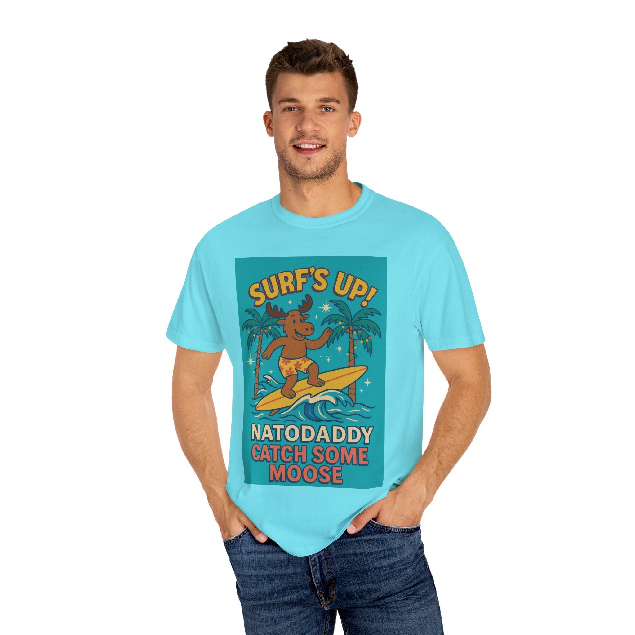 Surf's Up! Moose Surfing T-shirt - Fun Unisex Tee for Dads, Great for Summer, Beach Parties, Vacation, Father's Day, Casual Wear