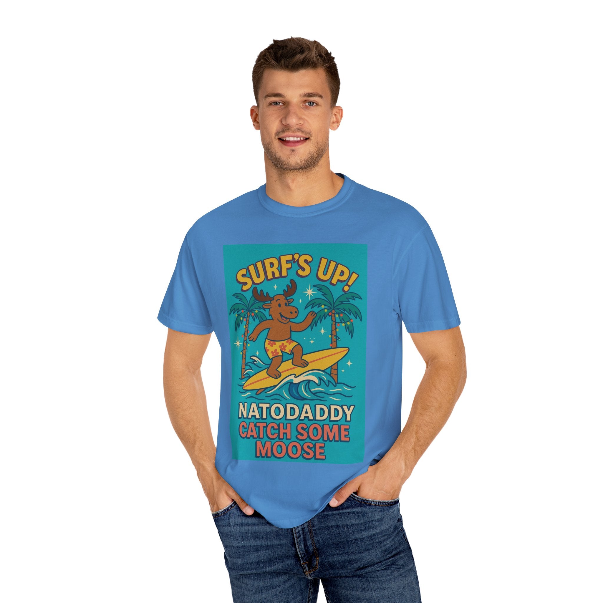 Surf's Up! Moose Surfing T-shirt - Fun Unisex Tee for Dads, Great for Summer, Beach Parties, Vacation, Father's Day, Casual Wear