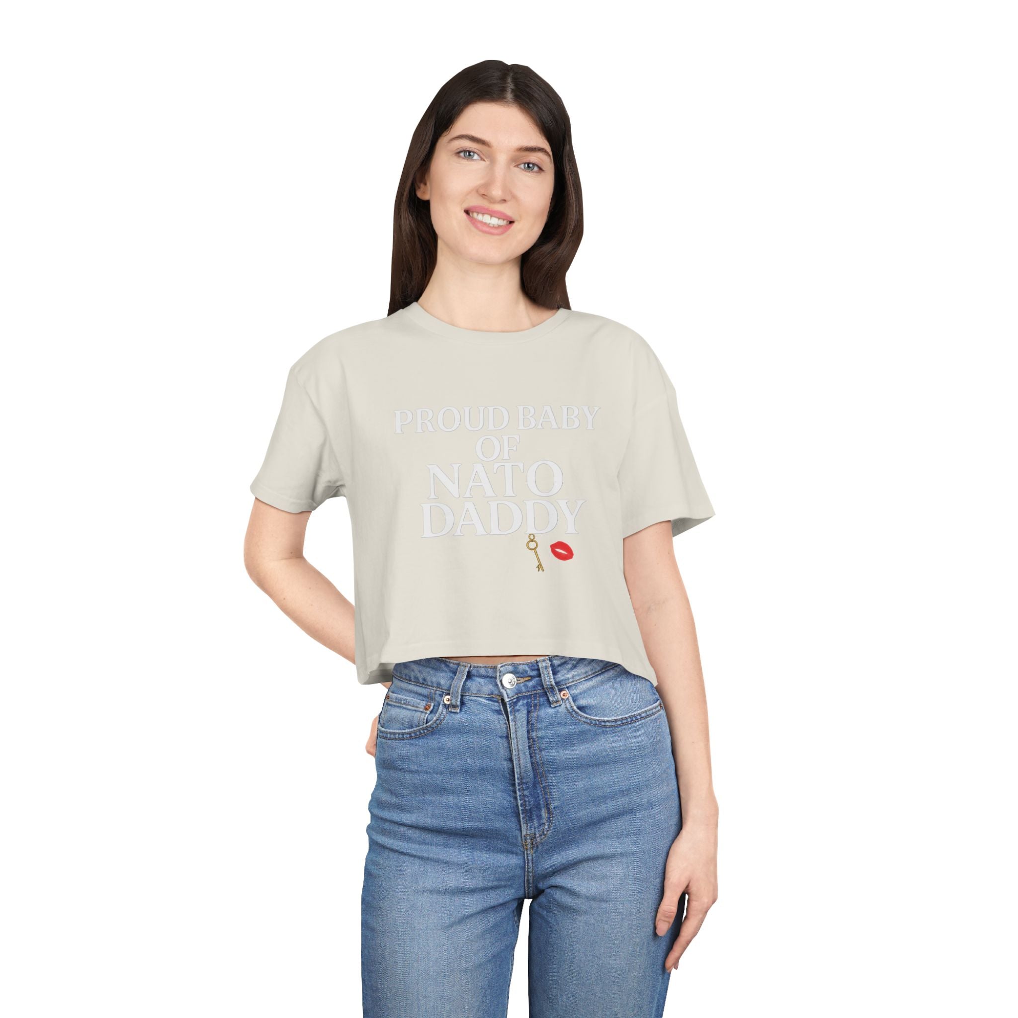 Proud Baby of NATO Daddy Women's Crop Tee, Trendy Graphic Top, Casual Comfort Wear, Cute Gift for Dads