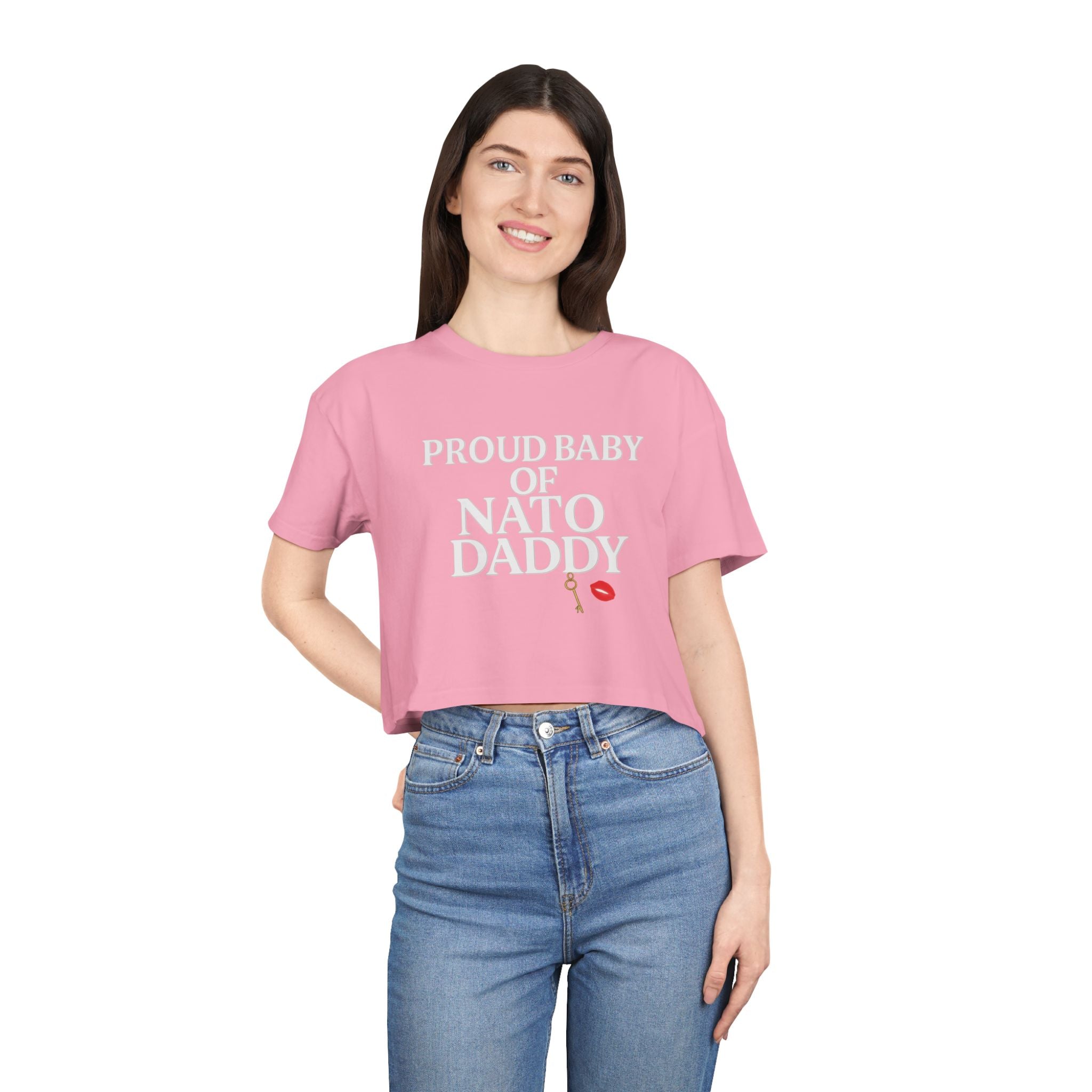 Proud Baby of NATO Daddy Women's Crop Tee, Trendy Graphic Top, Casual Comfort Wear, Cute Gift for Dads