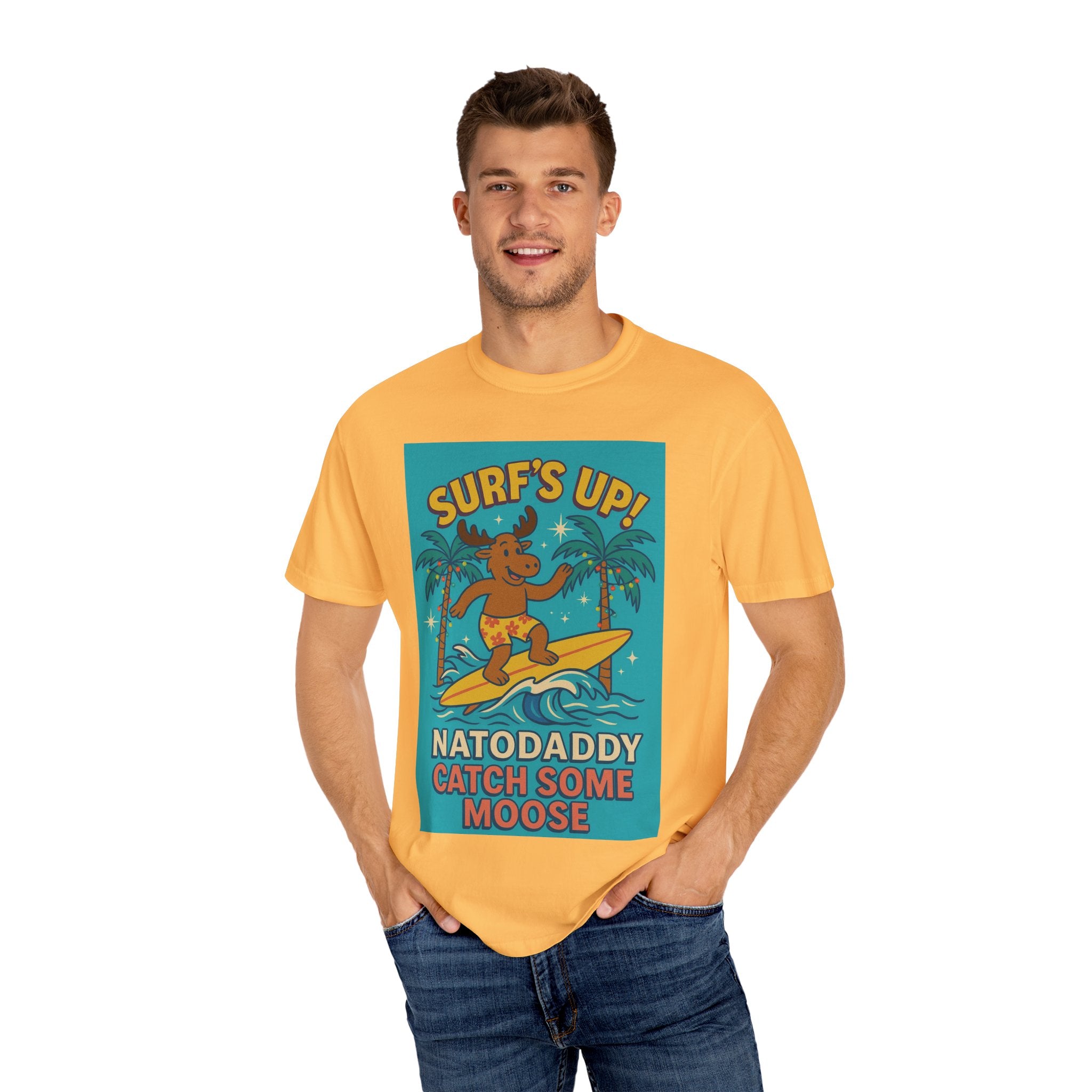 Surf's Up! Moose Surfing T-shirt - Fun Unisex Tee for Dads, Great for Summer, Beach Parties, Vacation, Father's Day, Casual Wear