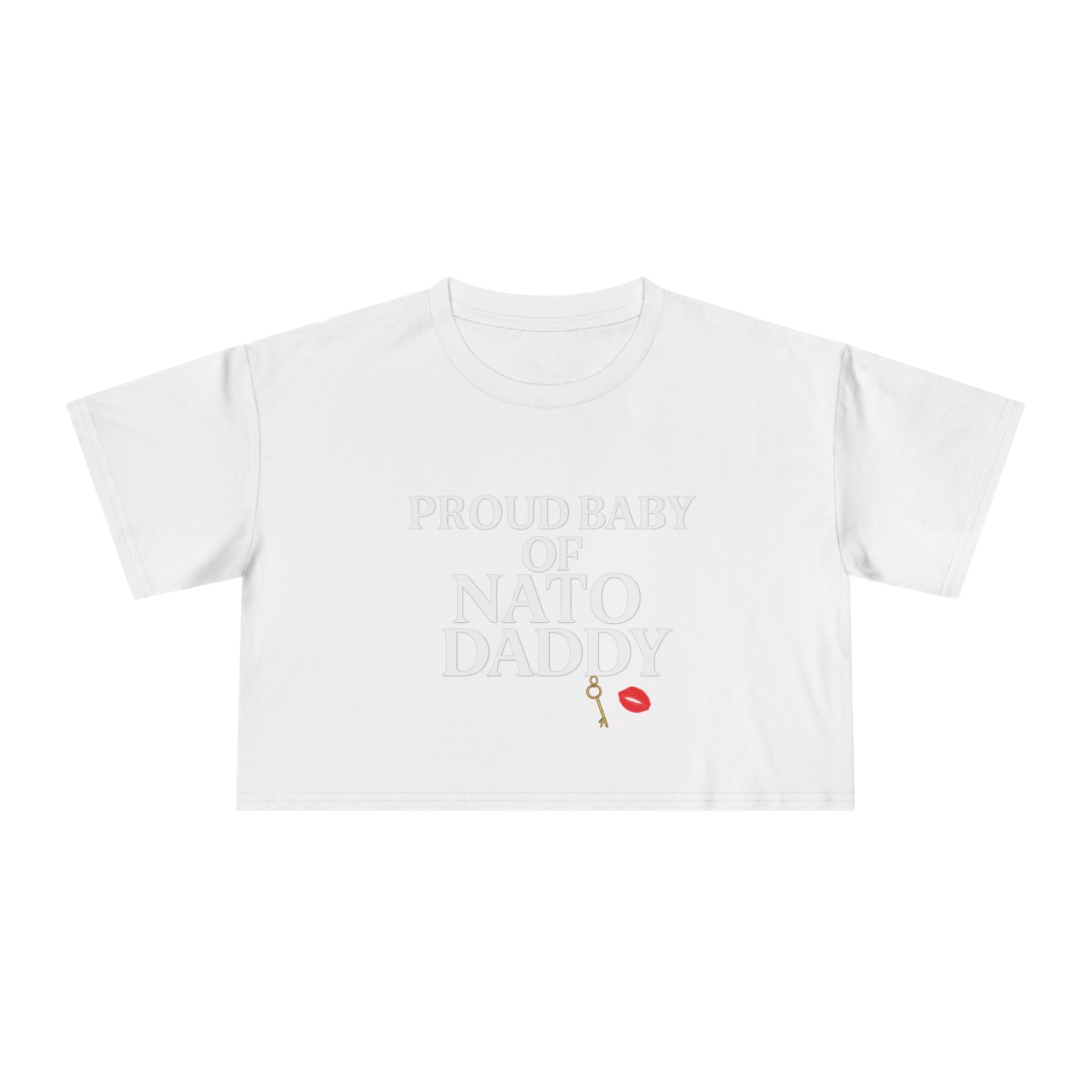 Proud Baby of NATO Daddy Women's Crop Tee, Trendy Graphic Top, Casual Comfort Wear, Cute Gift for Dads