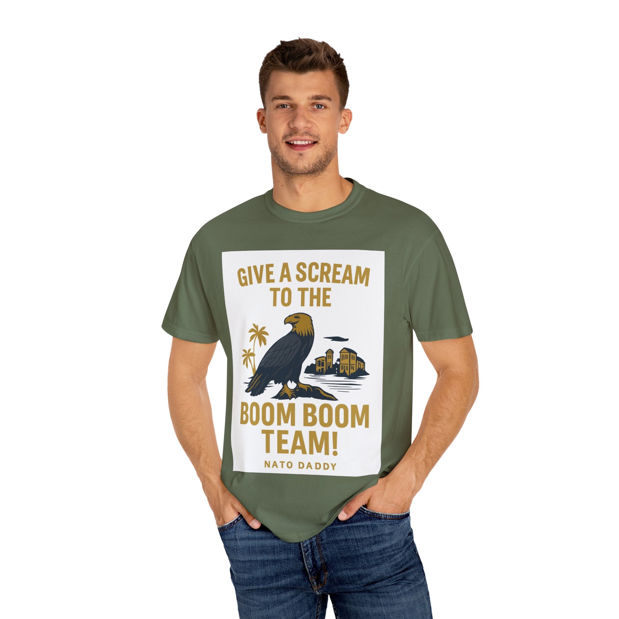 Give a Scream to the Boom Boom Team! Unisex Garment-Dyed T-Shirt, Funny Casual Tee, Gift for Dads, Beachwear, Team Spirit Apparel