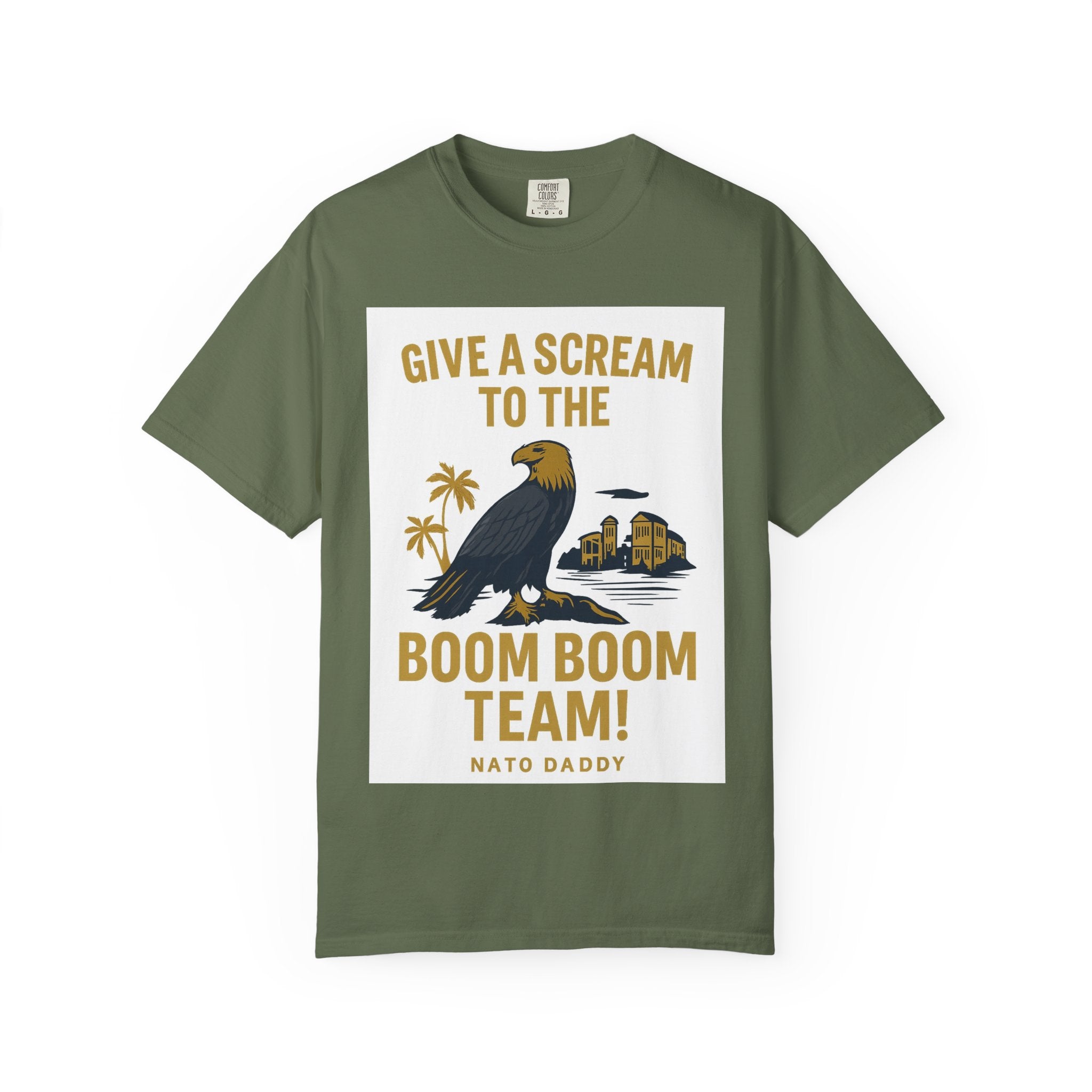 Give a Scream to the Boom Boom Team! Unisex Garment-Dyed T-Shirt, Funny Casual Tee, Gift for Dads, Beachwear, Team Spirit Apparel
