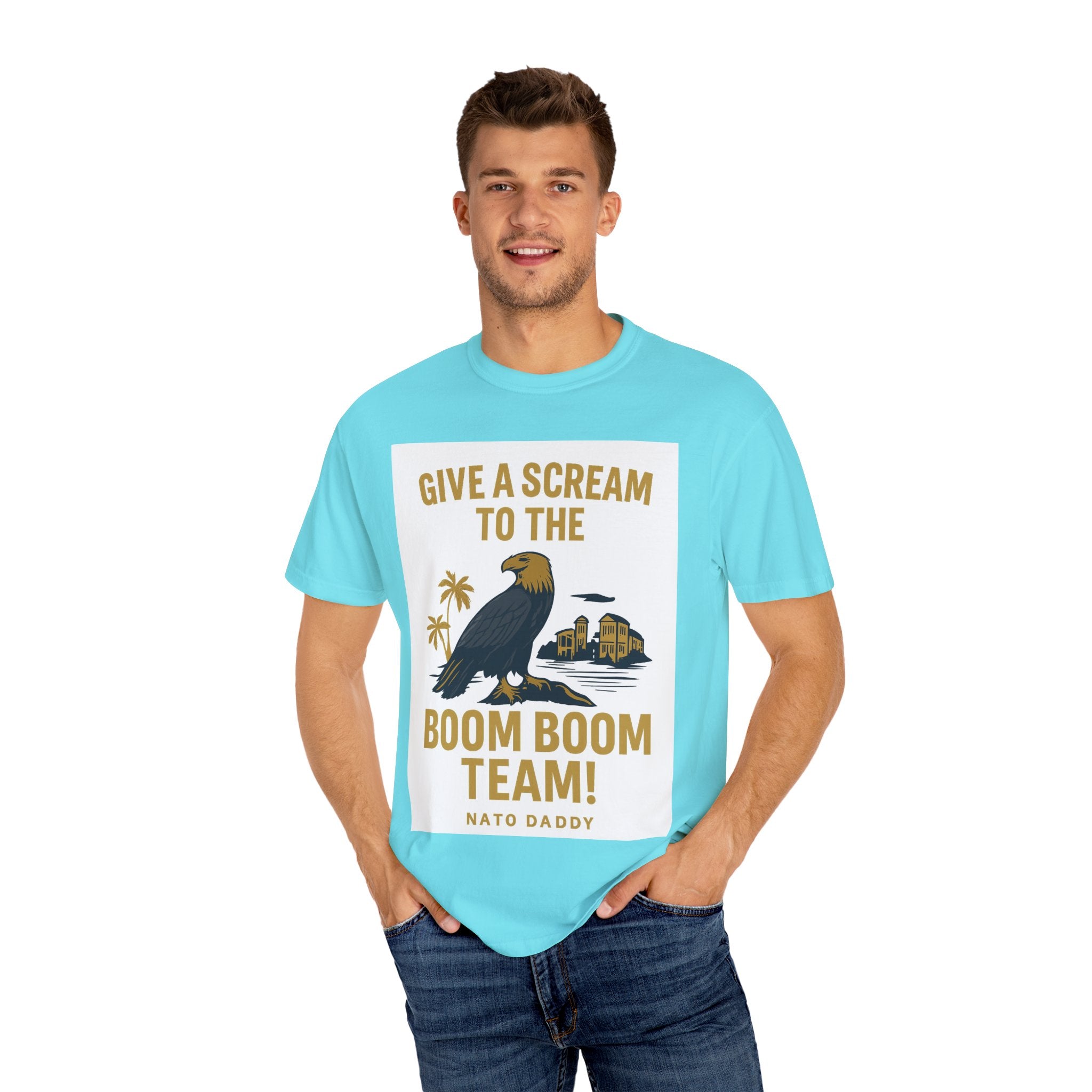 Give a Scream to the Boom Boom Team! Unisex Garment-Dyed T-Shirt, Funny Casual Tee, Gift for Dads, Beachwear, Team Spirit Apparel