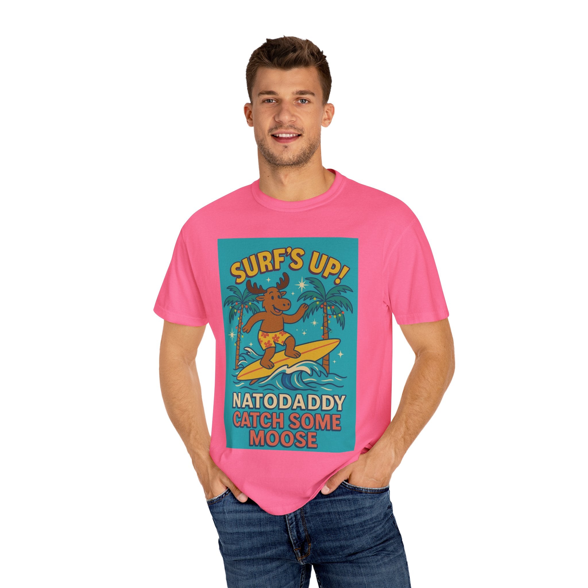 Surf's Up! Moose Surfing T-shirt - Fun Unisex Tee for Dads, Great for Summer, Beach Parties, Vacation, Father's Day, Casual Wear